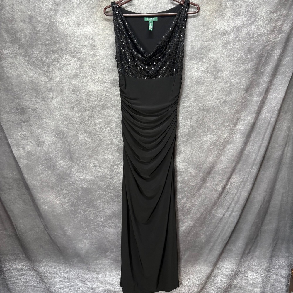 Ralph Lauren Evening Black Sequin Cowl Neck Ruched Maxi Gown Dress Size 8 Glam